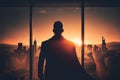 Superhero businessman looking at city skyline at sunset. Illustration Generative AI Royalty Free Stock Photo