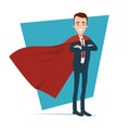A superhero businessman stands in a confident pose. Hands are stacked on the chest. A red cloak develops in the wind Royalty Free Stock Photo
