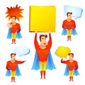 Superhero cartoon character with speech bubbles