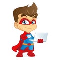 Superhero holding laptop