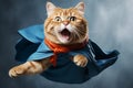 Superhero cat with blue cloak and mask, cute orange tabby kitty flying on light blue background Royalty Free Stock Photo