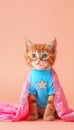 Superhero cat in costume flying and gazing away in amusing pose on pastel background