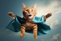 Superhero cat. cute orange tabby kitty flying with blue cloak and mask, leader animal concept Royalty Free Stock Photo