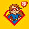 Superhero character woman logo, pop art background