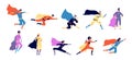 Superhero characters. Active hero, flying man woman in action. Cartoon power pose, flat people wear festival costume Royalty Free Stock Photo