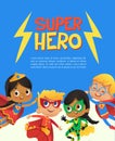 Superhero Children Friend Costume Banner Template. Happy Boy Character and Girl wear Hero Clothes for Kindergarten Party