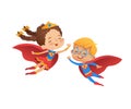 Superhero Children Friend Costume Character. Happy Boy and Caucasian Girl wear Hero Costume for Kindergarten Party. Cool