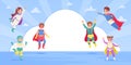 Superhero children poster. Kids wear super costumes and flying. Childish banner design with empty white space, cartoon Royalty Free Stock Photo