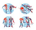 Superhero in costumes set. Cartoon comic heros with capes vector illustration. Man and woman with powers posing on blue