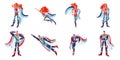 Superhero in costumes set. Cartoon comic heros with capes vector illustration. Man and woman with powers posing isolated