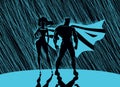 Superhero Couple: Male and female superheroes, posing in front o