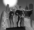 Superhero Couple: Male and female superheroes on a skyscraper roof with night city background