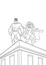 Superhero Couple Roof Watch Line Art Royalty Free Stock Photo