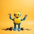 A superhero cute robot with coins in copy space background. Save money and become a hero concept. Happy mode. Financial stability