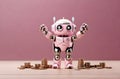 A superhero cute robot with coins in copy space background. Save money and become a hero concept. Happy mode. Financial stability