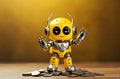 A superhero cute robot with coins in copy space background. Save money and become a hero concept. Happy mode. Financial stability