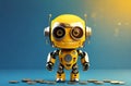 A superhero cute robot with coins in copy space background. Save money and become a hero concept. Happy mode. Financial stability