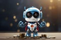 A superhero cute robot with coins in copy space background. Save money and become a hero concept. Happy mode. Financial stability