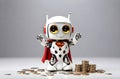 A superhero cute robot with coins in copy space background. Save money and become a hero concept. Happy mode. Financial stability