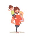 Superhero dad concept. Strong Dad holding his two children. Flat style icon. Vector Illustration.