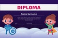 Superhero diploma, children school certificate template. Preschool appreciation girl and boy, child in mask. Heroic