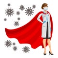 Superhero Doctor. Female hero doctor wearing red cloak, protective gloves and mask. Protection against Caronavirus concept. Vector Royalty Free Stock Photo