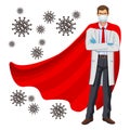 Superhero Doctor. Male hero doctor wearing red cloak, protective gloves and mask. Protection against Caronavirus concept. Vector