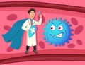 Superhero doctor with a syringe and evil virus around on a human body background