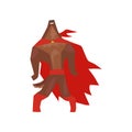 Superhero dog character standing with its head thrown back, super dog dressed in red cape and mask cartoon vector
