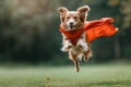 Superhero dog jumping and flying on green background with copy space. The image is generated with the use of an AI.