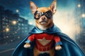 Superhero dog and kitty duo. flying orange tabby with blue cloak and mask on light blue background Royalty Free Stock Photo