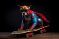 Superhero dog with skateboard. Studio shot over black background.