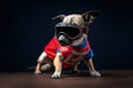 Superhero dog with skateboard. Studio shot over black background.