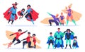 Superhero families. Wonder dad, mom and kids, superheroes characters in superhero mask and cloak costumes isolated