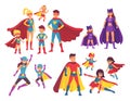 Superhero family characters. Superheroes character in costumes with hero cape. Wonder mom, super dad and children heroes Royalty Free Stock Photo