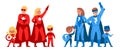 Superhero family. Children and parents in heroes red and blue suits and capes, standing together powerful team. Super Royalty Free Stock Photo