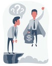 Superhero flies up and leaves a surprised man on the cliff. Super worker in the cape takes off. Royalty Free Stock Photo