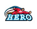 Superhero flying above hero text