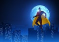 Superhero flying on beautiful cityscape during full moon