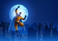 Superhero flying on beautiful cityscape during full moon