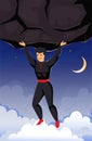 Superhero flying with rock. Super comic cartoon hero in cape holding huge stone. Brave powerful man in sky. Strong man