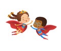 Superhero Friend Character Costume Illustration. Cheerful African Boy and European Caucasian Girl wear Funny Costume for Royalty Free Stock Photo