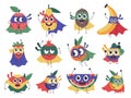 Superhero fruit. Cute, funny superhero fruits characters, brave banana, strawberry and lemon mascots in cloak costume