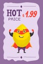 Superhero fruit lemon in mask and cloack vector cartoon price illustration. Cute fruit character in super hero costume Royalty Free Stock Photo