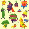 Superhero fruit and vegetables vector pattern. Super banana, eggplant with broccoli, onion, pepper in hero cloak costume