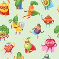 Superhero fruit and vegetables vector seamless pattern. Cute banana, eggplant with broccoli, onion, avocado in masks and