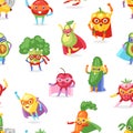 Superhero fruits vector fruity cartoon character of super hero expression vegetables with funny banana carrot or pepper Royalty Free Stock Photo