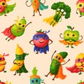 Superhero fruits vector fruity cartoon character of super hero expression vegetables with funny apple banana or pepper