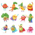 Superhero fruits vector fruity cartoon character of super hero expression vegetables with funny banana carrot or pepper