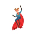 Superhero girl character dressed in blue costume with red cape jumping cartoon vector Illustration